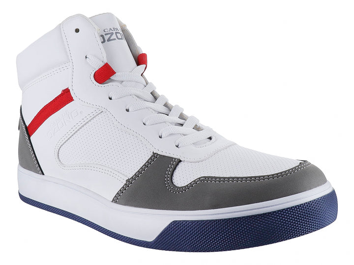 Tenis botín blanco con detalles en gris, azul y rojo de la marca Capa de Ozono.