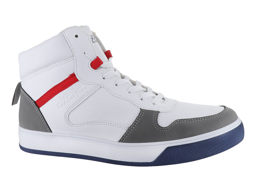 Tenis botín blanco con detalles en gris, azul y rojo de la marca Capa de Ozono.