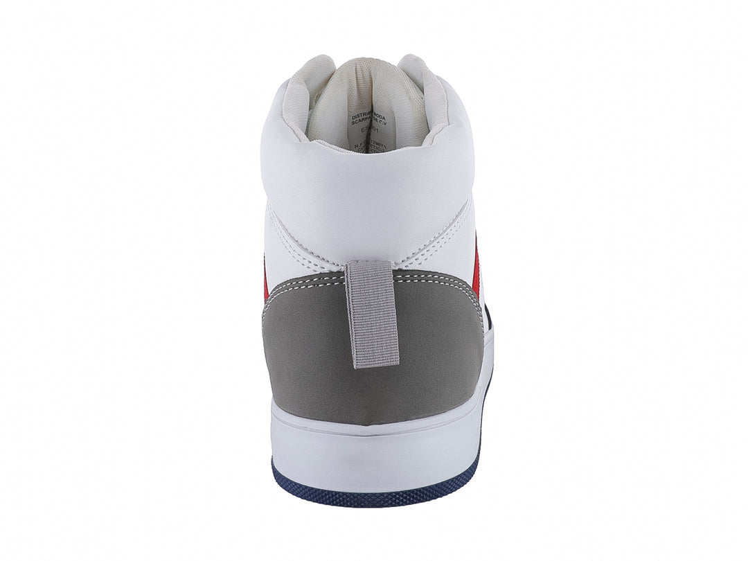 Tenis botín blanco con detalles en gris, azul y rojo de la marca Capa de Ozono.