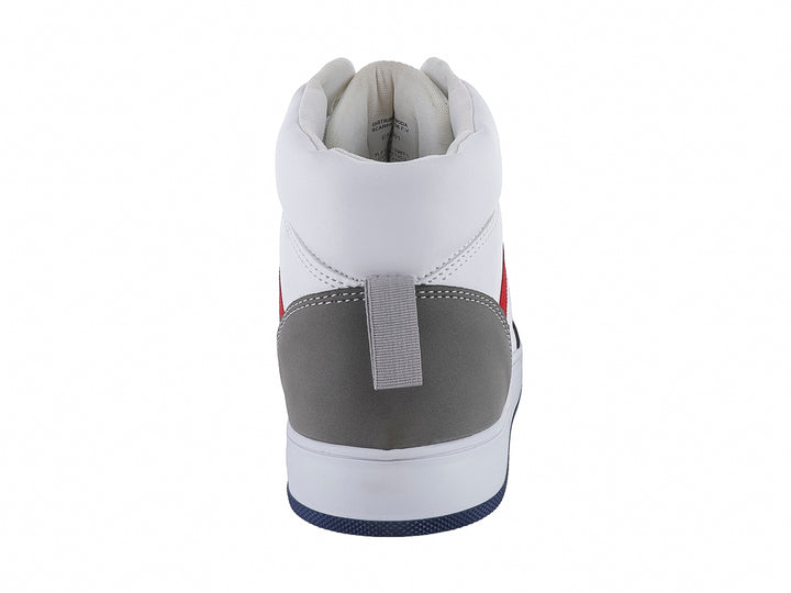 Tenis botín blanco con detalles en gris, azul y rojo de la marca Capa de Ozono.