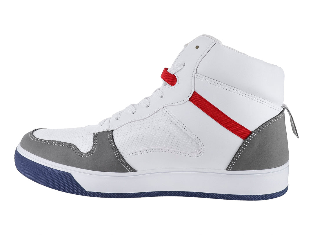 Tenis botín blanco con detalles en gris, azul y rojo de la marca Capa de Ozono.