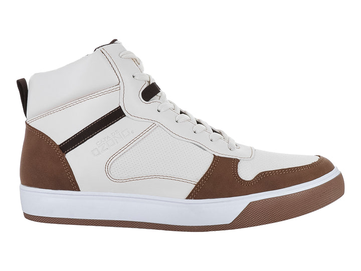Tenis tipo bota de color beige y café con suela blanca y detalles en contraste.