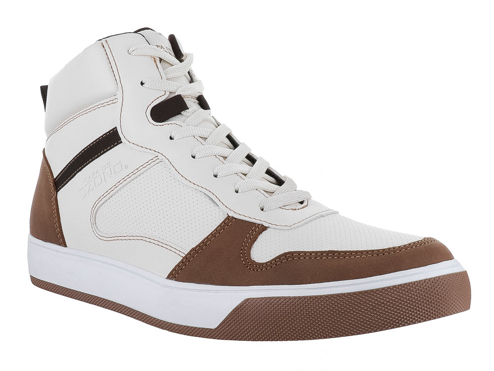 Tenis tipo bota de color beige y café con suela blanca y detalles en contraste.