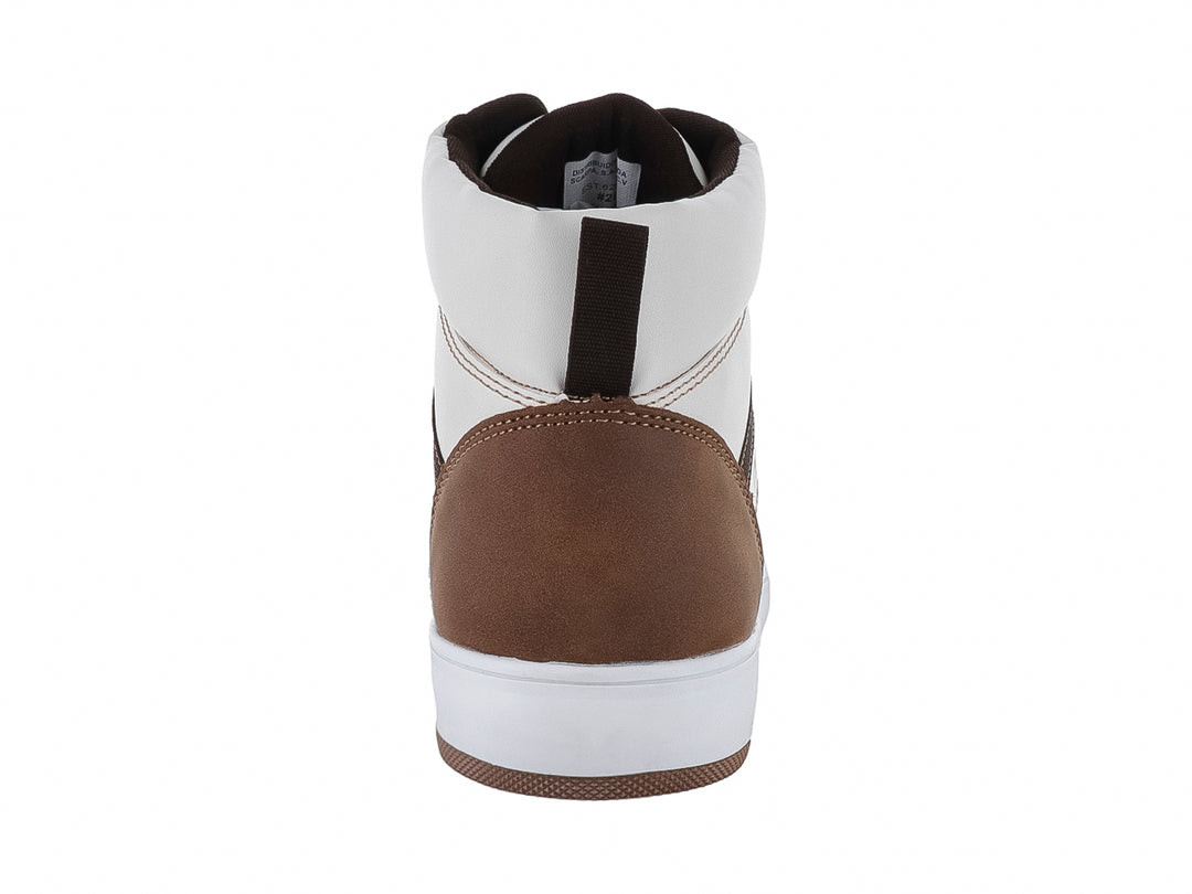 Tenis tipo bota de color beige y café con suela blanca y detalles en contraste.