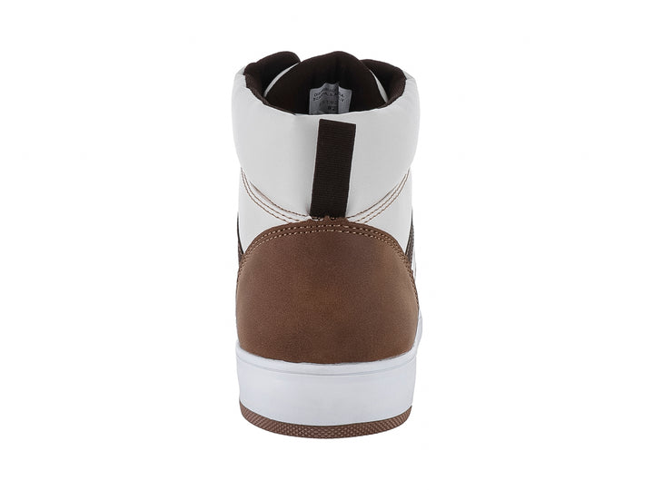 Tenis tipo bota de color beige y café con suela blanca y detalles en contraste.