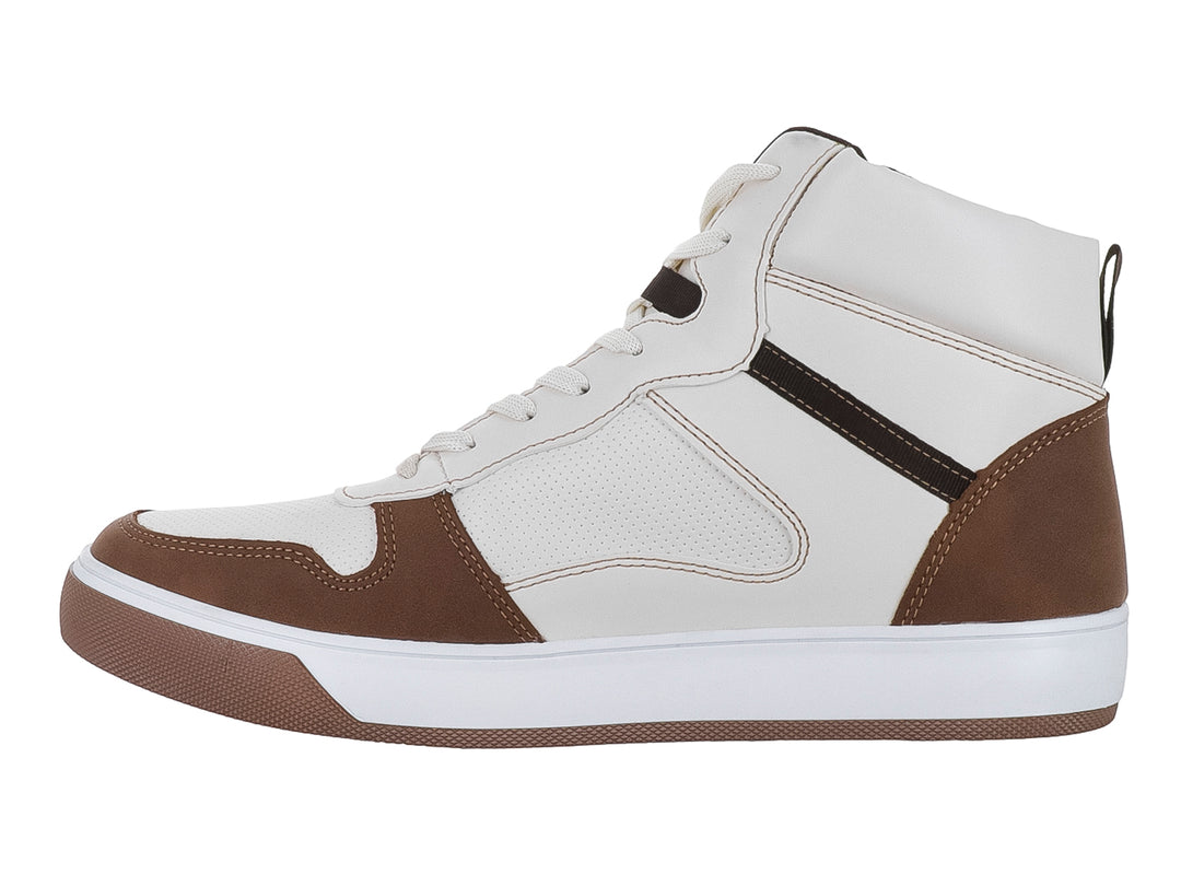 Tenis tipo bota de color beige y café con suela blanca y detalles en contraste.