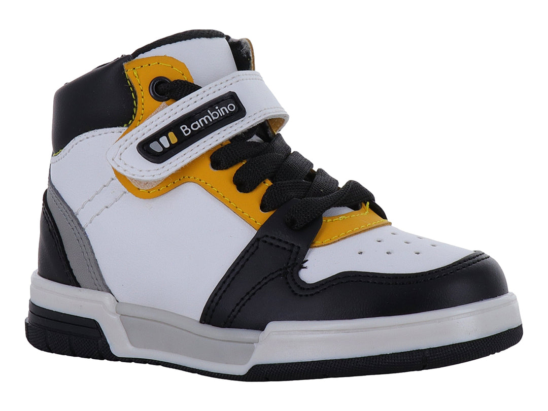 Tenis infantiles estilo botín en colores blanco, negro, gris y amarillo con cierre de velcro y agujetas.