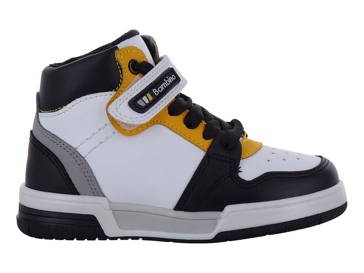 Tenis infantiles estilo botín en colores blanco, negro, gris y amarillo con cierre de velcro y agujetas.