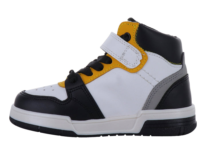 Tenis infantiles estilo botín en colores blanco, negro, gris y amarillo con cierre de velcro y agujetas.