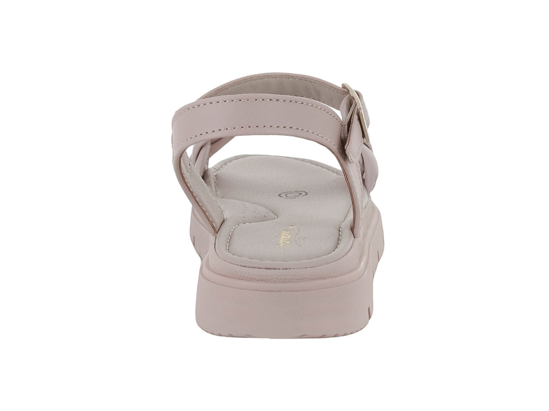 Sandalia beige para niña con tira trenzada frontal, correa al tobillo con hebilla y suela de plataforma dentada.
