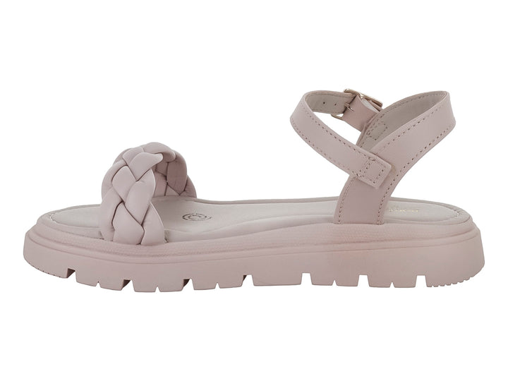 Sandalia beige para niña con tira trenzada frontal, correa al tobillo con hebilla y suela de plataforma dentada.