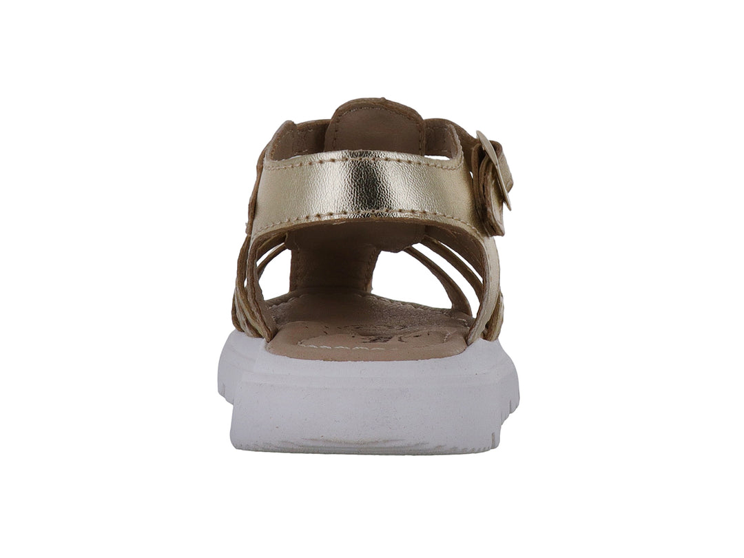 Sandalia infantil color oro con suela blanca y correas ajustables con hebilla.