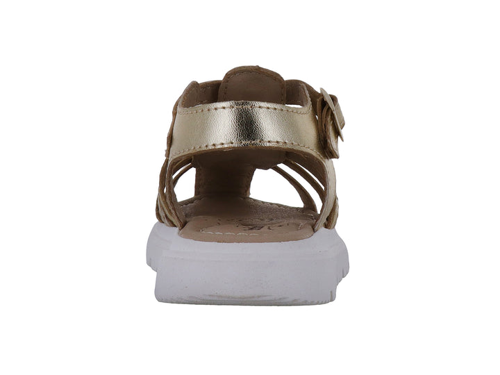 Sandalia infantil color oro con suela blanca y correas ajustables con hebilla.