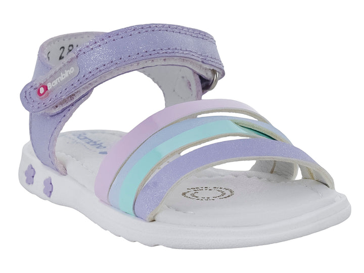 Sandalia para niña en color lila y blanco con tiras brillantes y suela blanca.