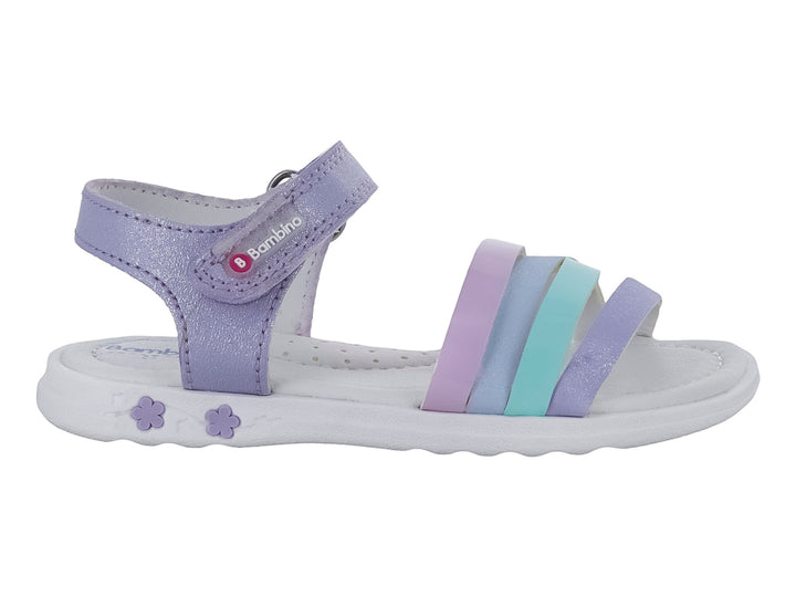 Sandalia para niña en color lila y blanco con tiras brillantes y suela blanca.