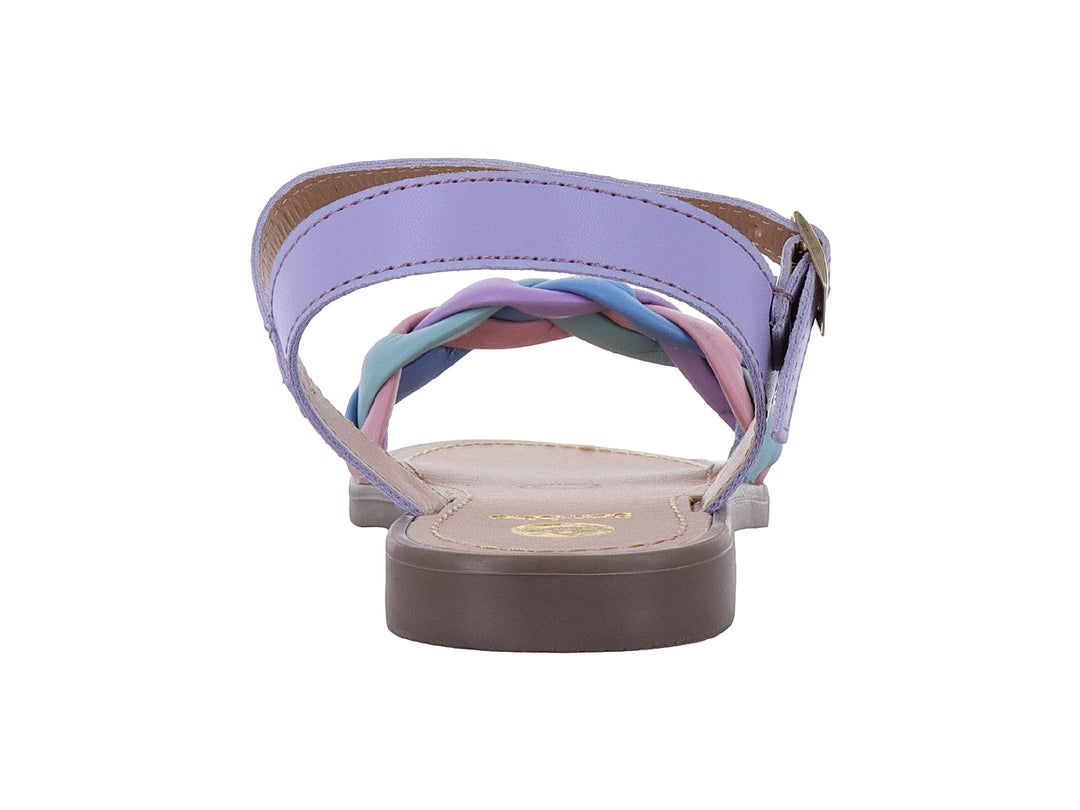 Sandalia para niña con tira trenzada en colores morado, rosa y azul, correa al tobillo y suela café.