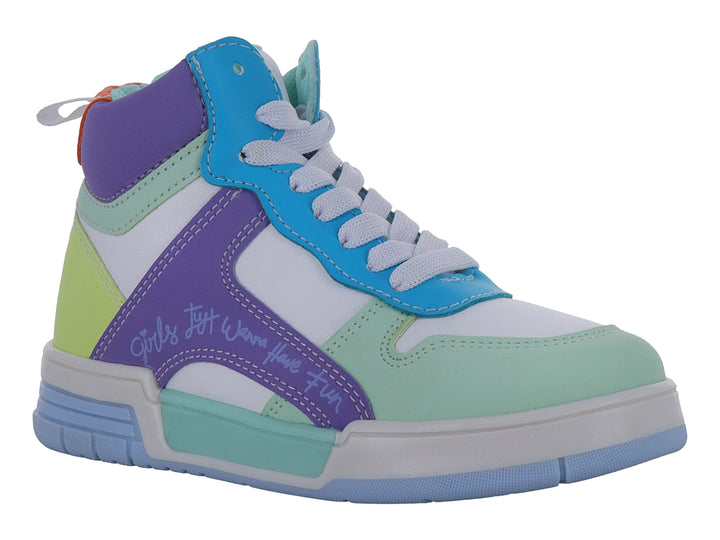 Tenis deportivos de bota alta para niña en colores menta, blanco, morado y azul con agujetas blancas.