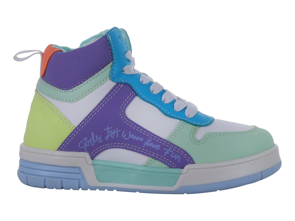 Tenis deportivos de bota alta para niña en colores menta, blanco, morado y azul con agujetas blancas.