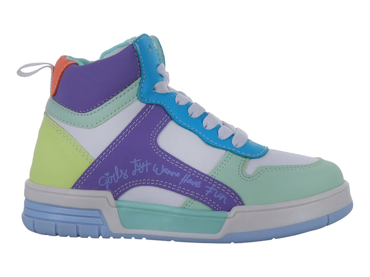 Tenis deportivos de bota alta para niña en colores menta, blanco, morado y azul con agujetas blancas.