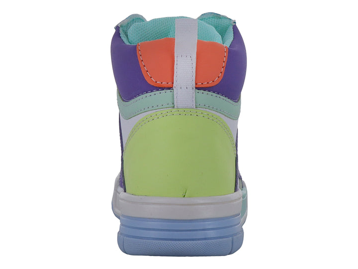 Tenis deportivos de bota alta para niña en colores menta, blanco, morado y azul con agujetas blancas.