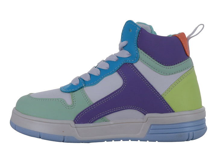 Tenis deportivos de bota alta para niña en colores menta, blanco, morado y azul con agujetas blancas.