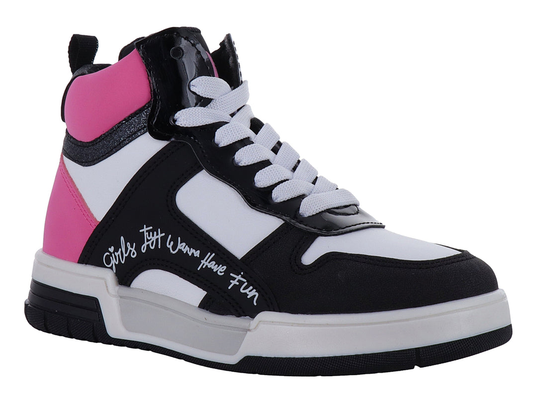 Tenis deportivos tipo botín para Niña en colores negro, blanco y rosa con detalles brillantes y cordones blancos.