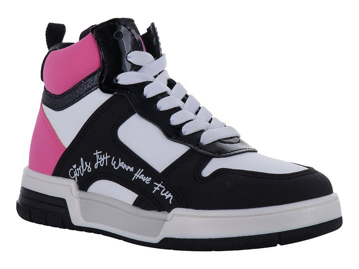 Tenis deportivos tipo botín para Niña en colores negro, blanco y rosa con detalles brillantes y cordones blancos.