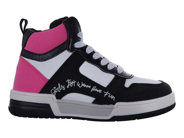 Tenis deportivos tipo botín para Niña en colores negro, blanco y rosa con detalles brillantes y cordones blancos.