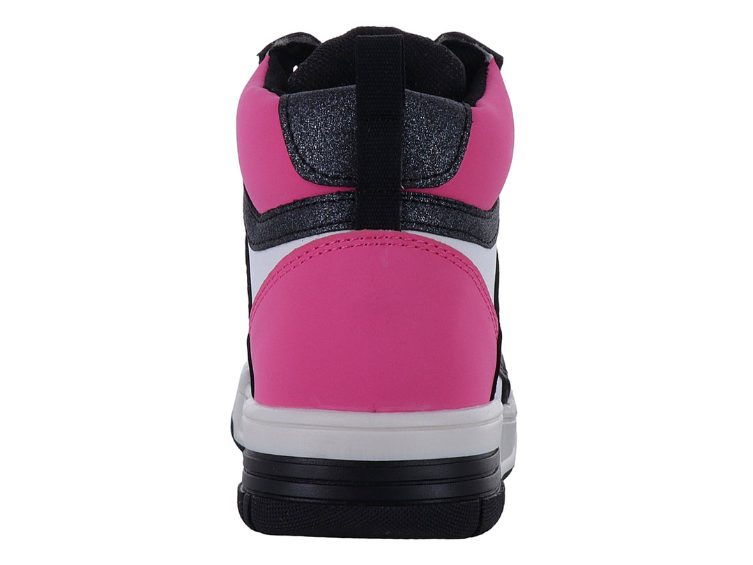 Tenis deportivos tipo botín para Niña en colores negro, blanco y rosa con detalles brillantes y cordones blancos.