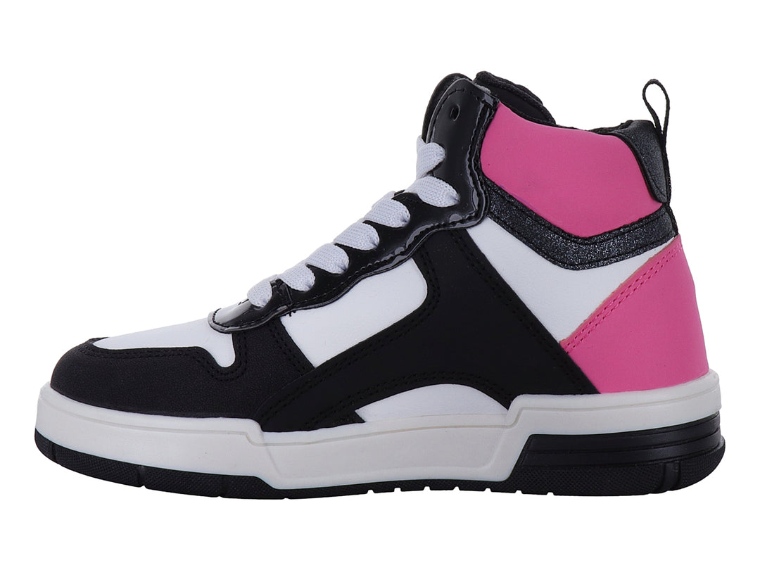 Tenis deportivos tipo botín para Niña en colores negro, blanco y rosa con detalles brillantes y cordones blancos.