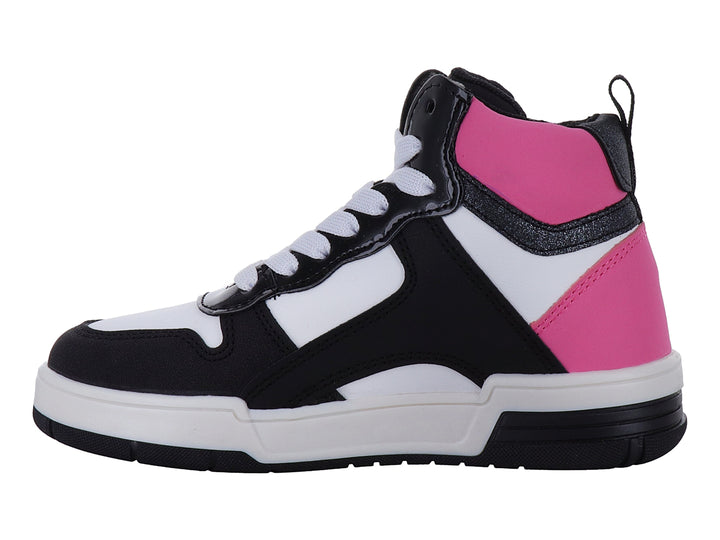 Tenis deportivos tipo botín para Niña en colores negro, blanco y rosa con detalles brillantes y cordones blancos.
