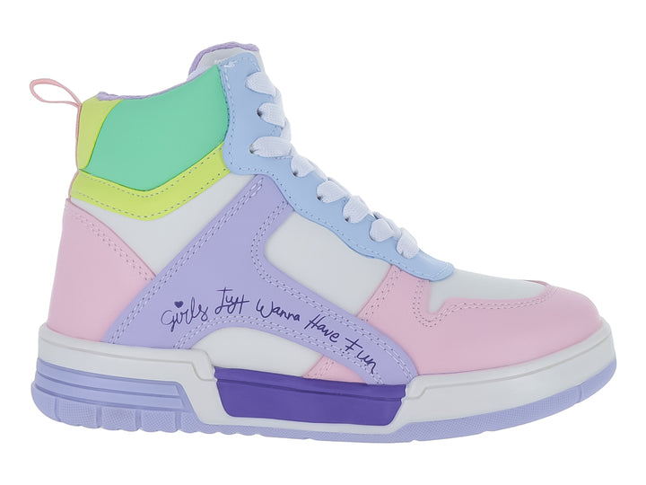 Tenis botín multicolor en tonos pastel rosa, morado, blanco y verde.