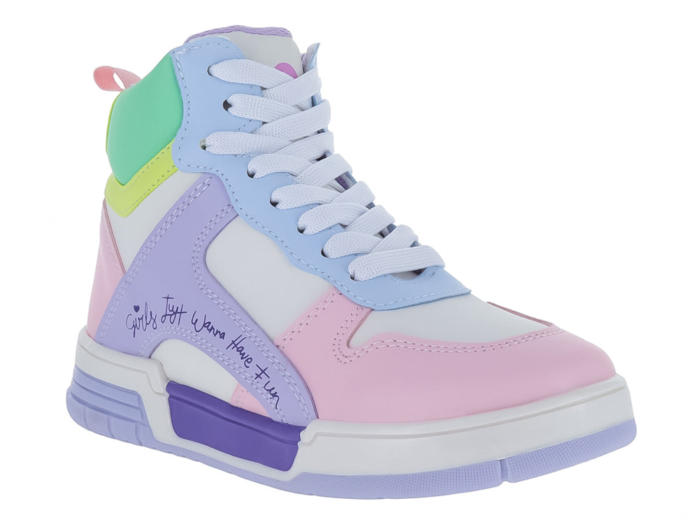 Tenis botín multicolor en tonos pastel rosa, morado, blanco y verde.