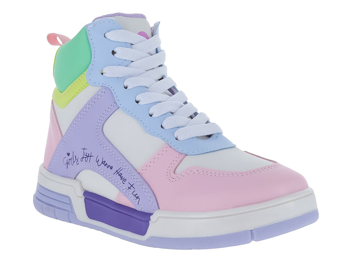 Tenis botín multicolor en tonos pastel rosa, morado, blanco y verde.