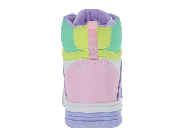 Tenis botín multicolor en tonos pastel rosa, morado, blanco y verde.