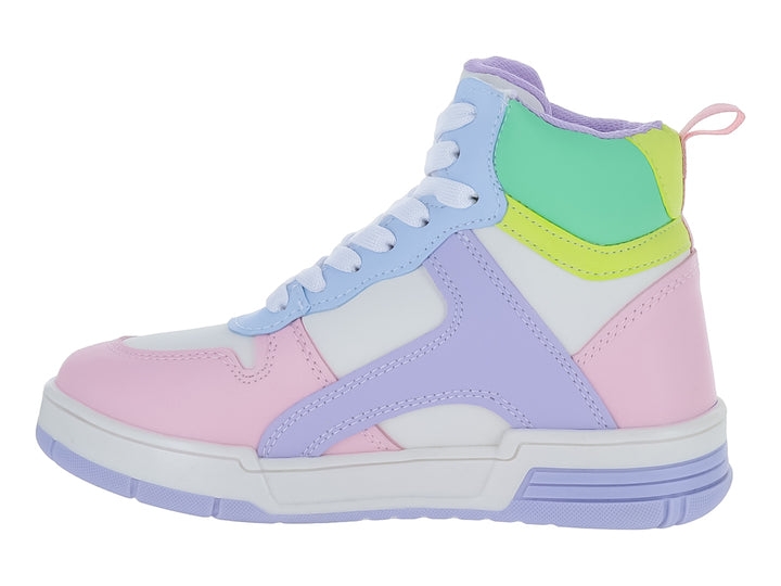 Tenis botín multicolor en tonos pastel rosa, morado, blanco y verde.
