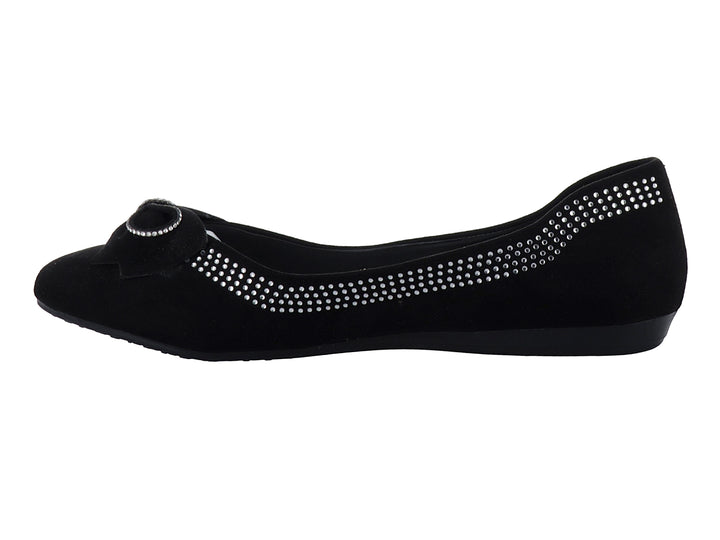 Zapato plano negro para niña con moño y detalles de brillantes laterales.