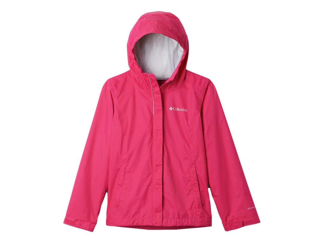 Chaqueta deportiva Columbia color rosa con capucha y cierre frontal.