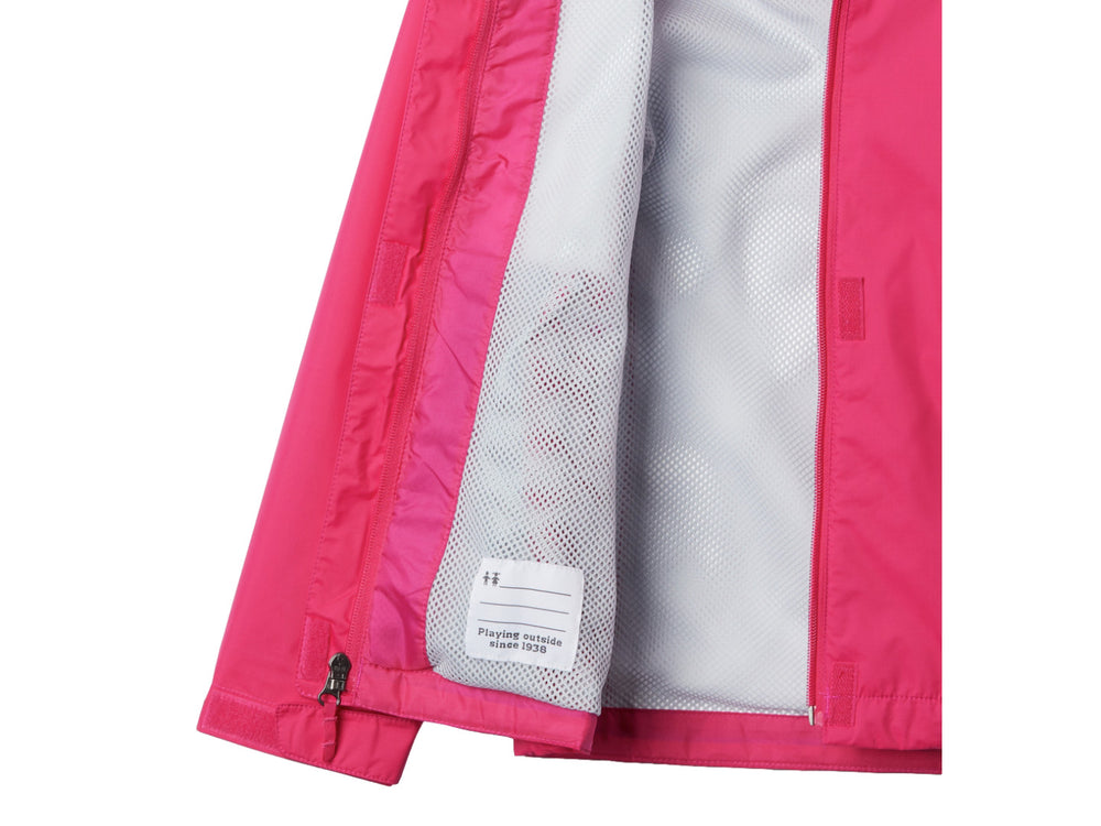 Chaqueta deportiva Columbia color rosa con capucha y cierre frontal.
