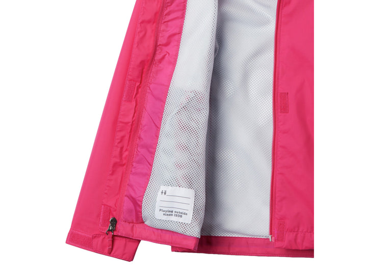 Chaqueta deportiva Columbia color rosa con capucha y cierre frontal.