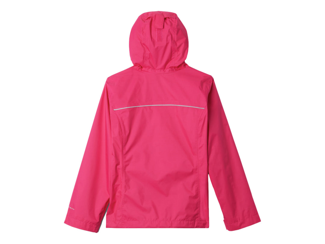 Chaqueta deportiva Columbia color rosa con capucha y cierre frontal.