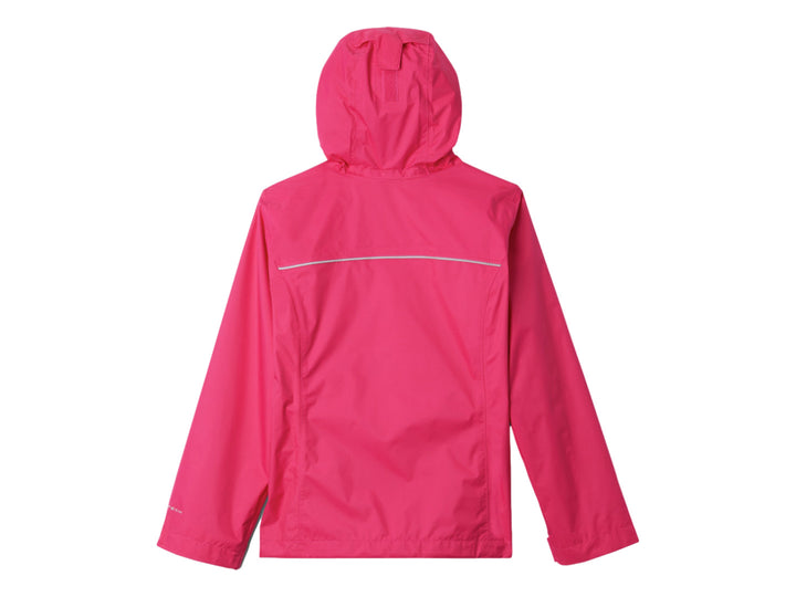 Chaqueta deportiva Columbia color rosa con capucha y cierre frontal.