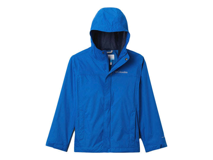 Chaqueta impermeable Columbia color azul brillante con capucha para niños.
