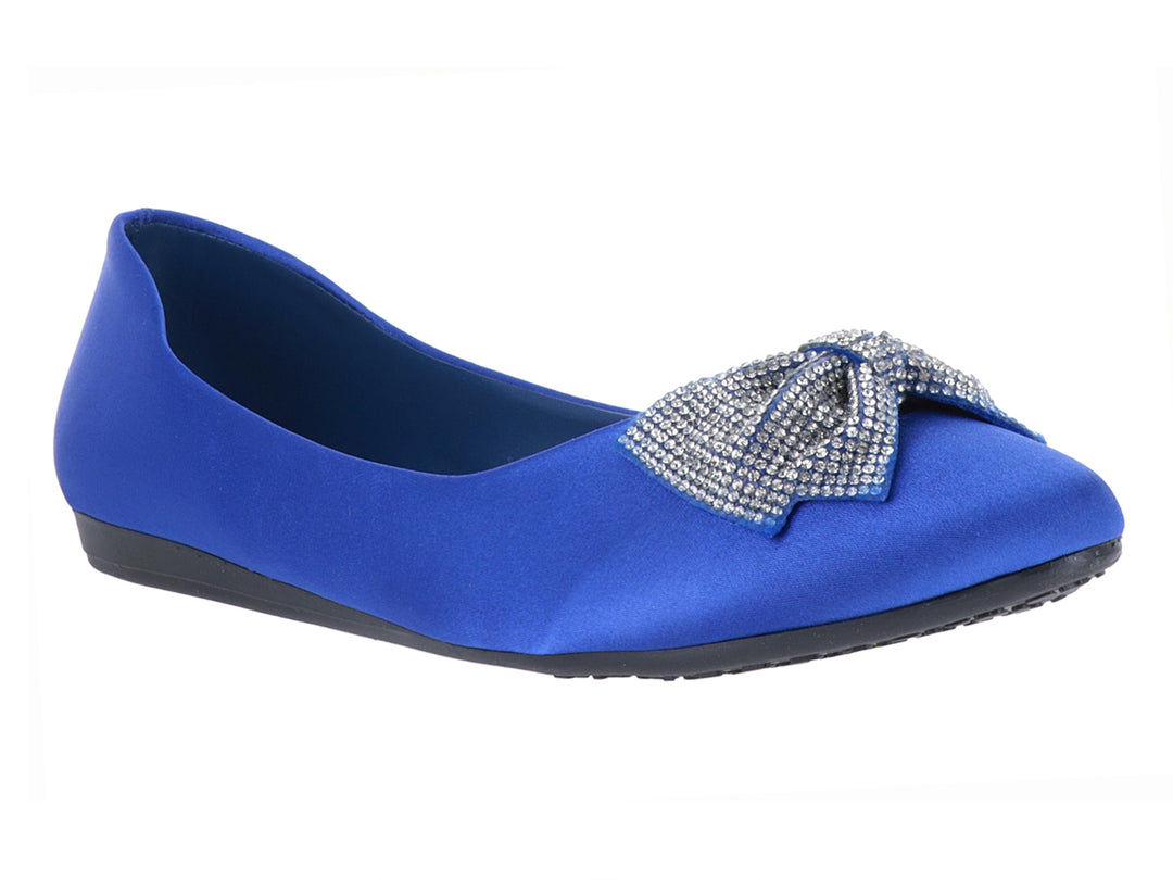 Zapato plano color azul rey con un moño brillante en la punta.