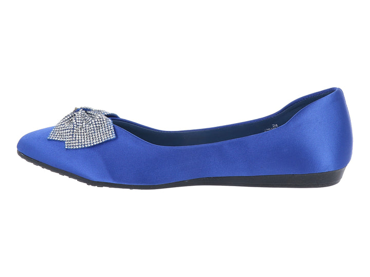 Zapato plano color azul rey con un moño brillante en la punta.