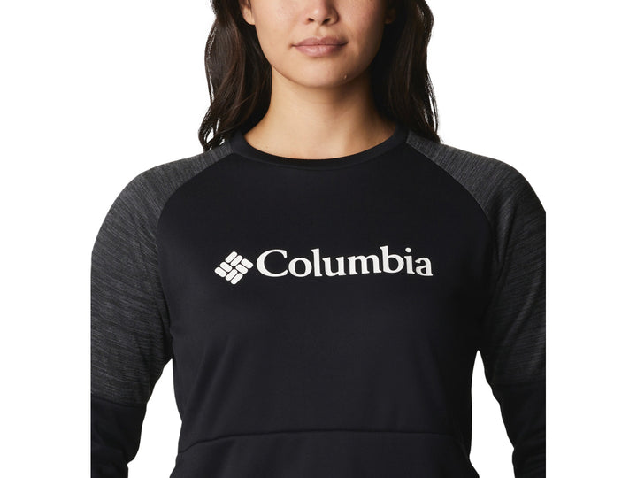 Sudadera deportiva Columbia color negro con detalles en gris oscuro y logotipo blanco en el pecho.