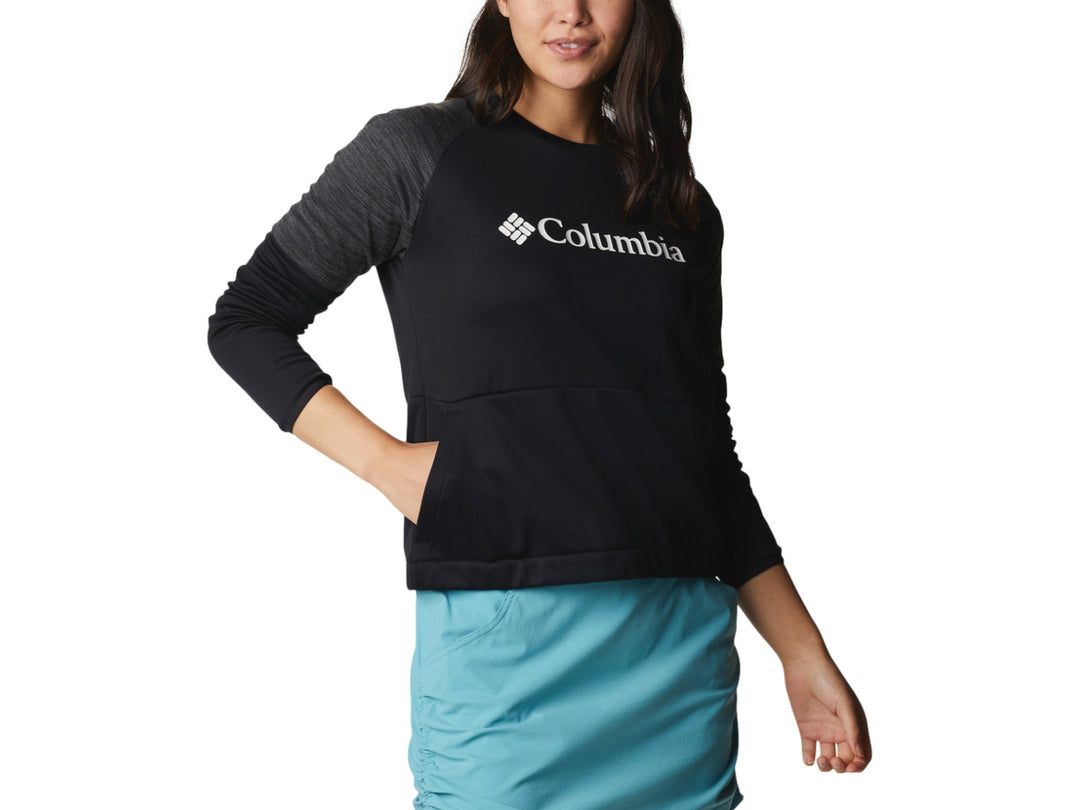 Sudadera deportiva Columbia color negro con detalles en gris oscuro y logotipo blanco en el pecho.