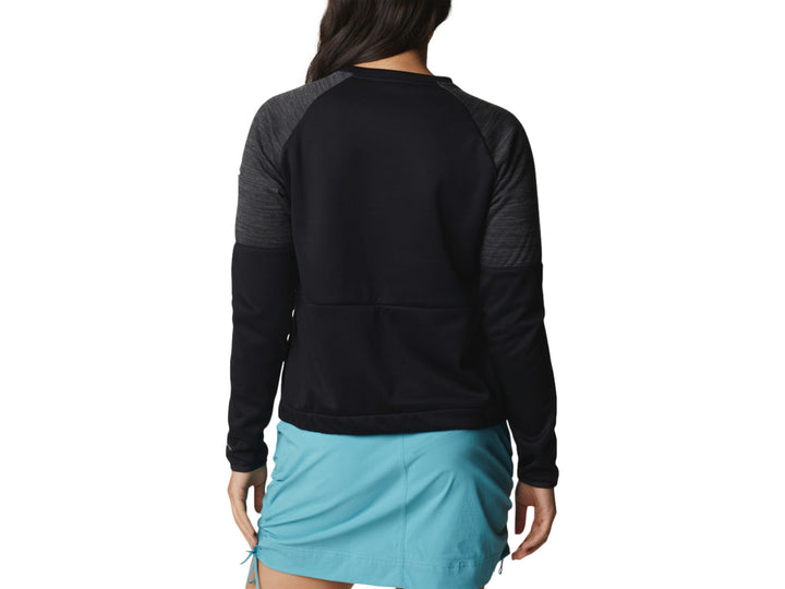 Sudadera deportiva Columbia color negro con detalles en gris oscuro y logotipo blanco en el pecho.