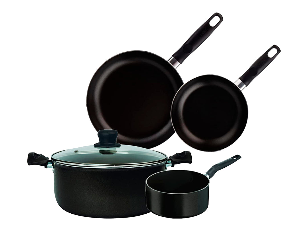 Set de batería de cocina T-Fal de 5 piezas en color negro, incluye sartenes, olla con tapa y cazo.