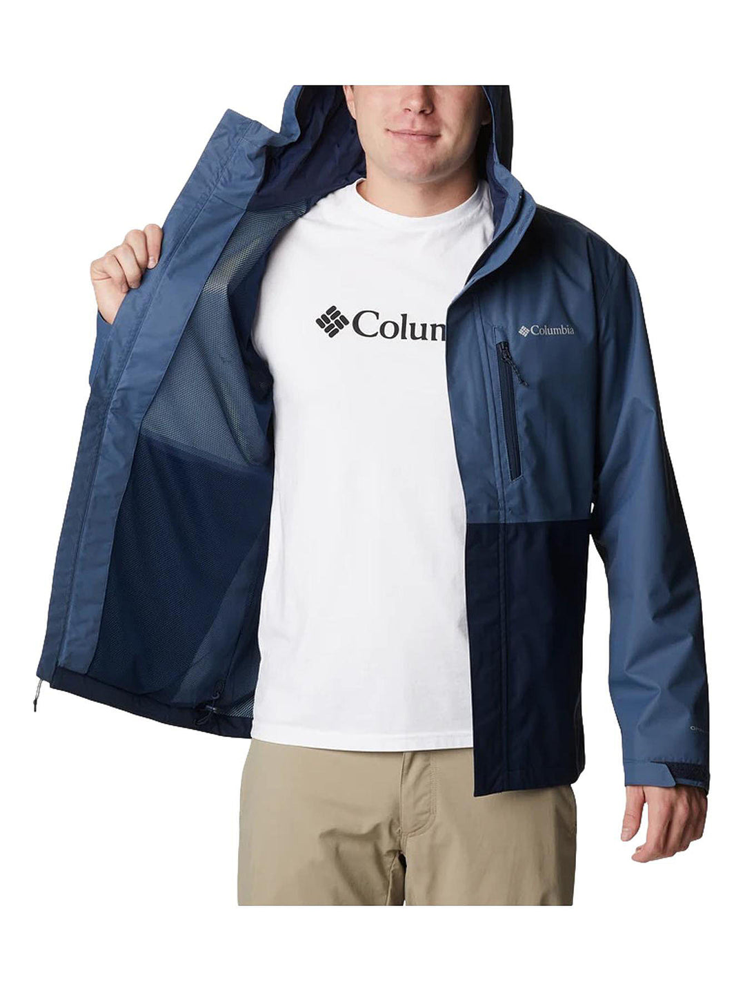 Chaqueta Columbia de dos tonos de azul con capucha, diseñada para actividades al aire libre.